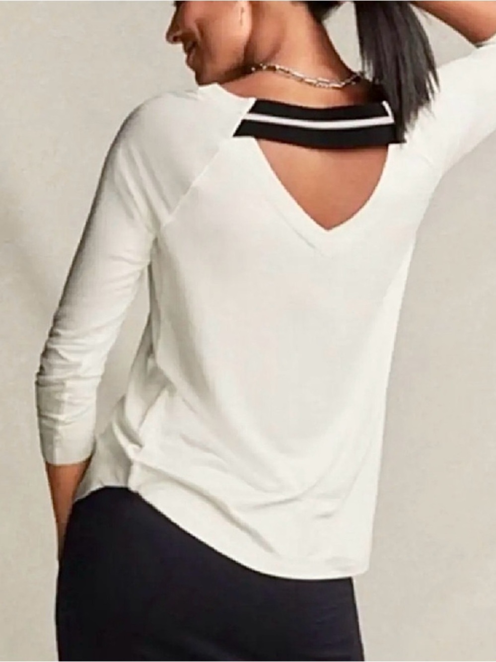 Cabi Center Sweatshirt White Boatneck Black Elastic Back - wear two ways!